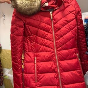 Michael Kors Red Puffer Jacket with Faux Fur Collar